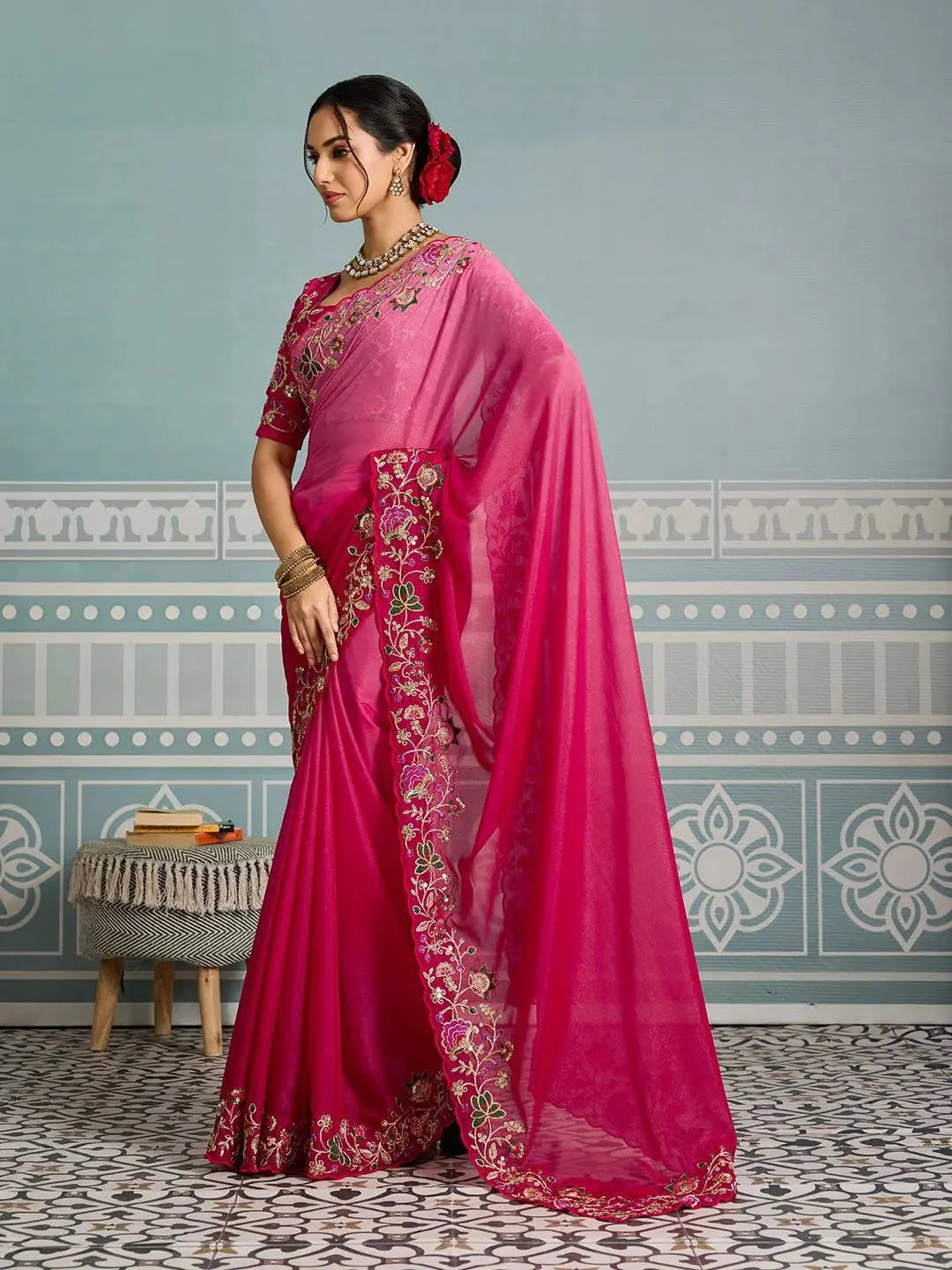 dark pink embroidery work soft georgette saree